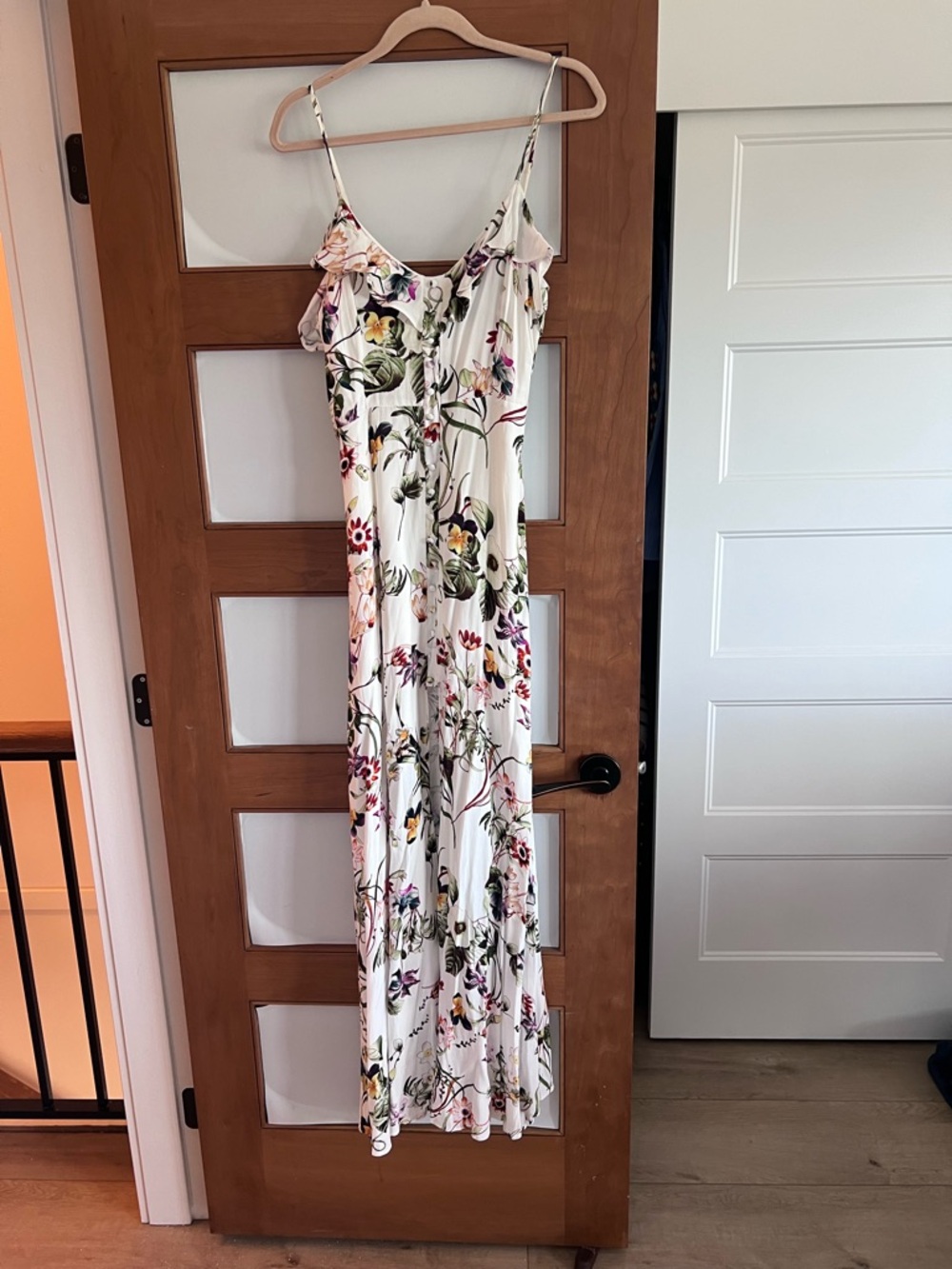 Lulu's White Floral Maxi Dress with Ruffle Spaghetti Straps